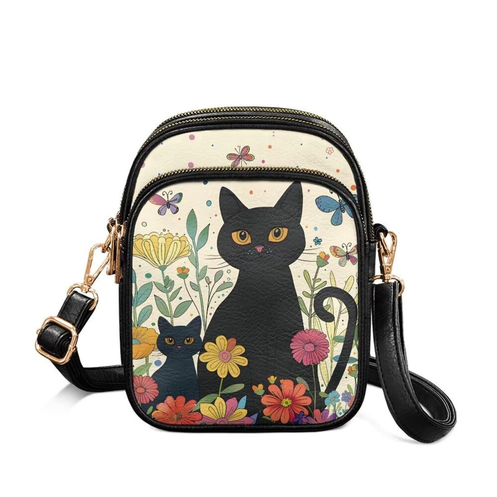 8190 Flower Black Cat Purse Crossbody Handbags Soft Leather Designer Purses